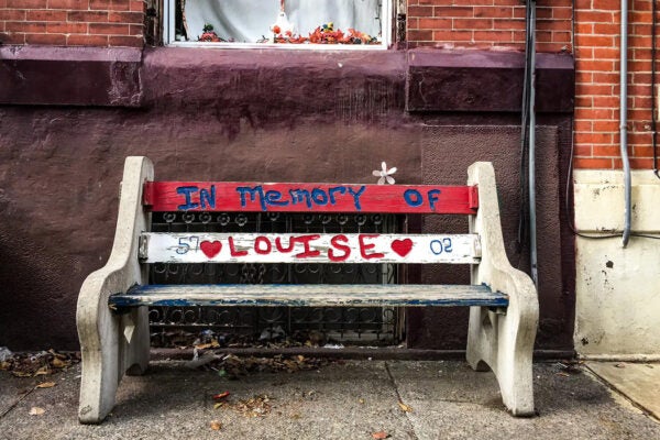 Neighborhood memorials like this park bench are a way for residents to publicly express their private grief. Gordon Coonfield/Kensington Remembers, CC BY-NC-ND