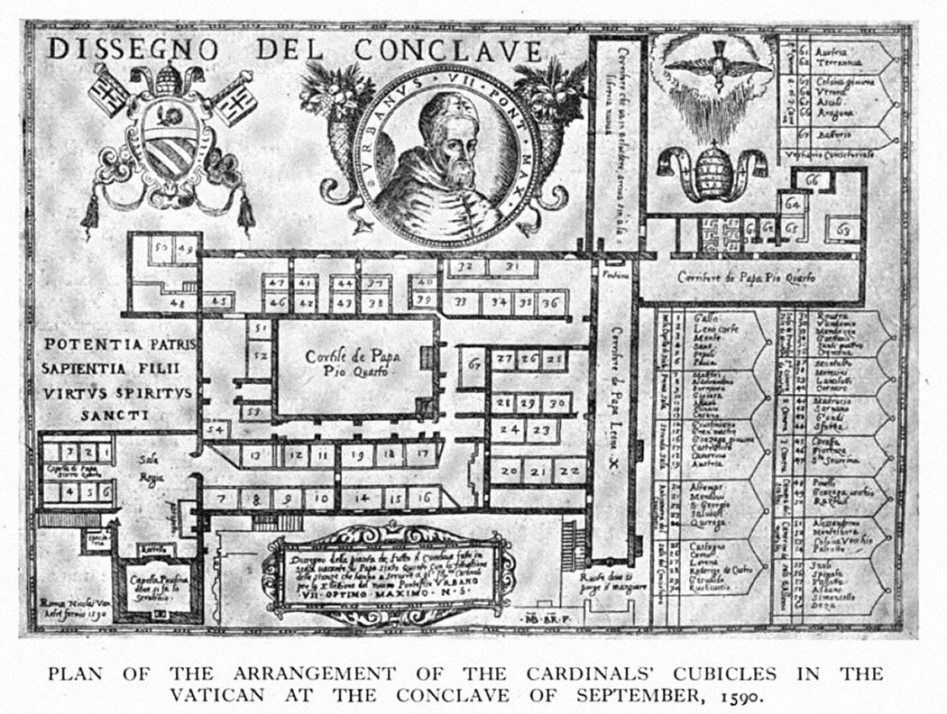 A diagram showing the plan of arrangement of the cardinals' cubicles at the 1590 papal conclave