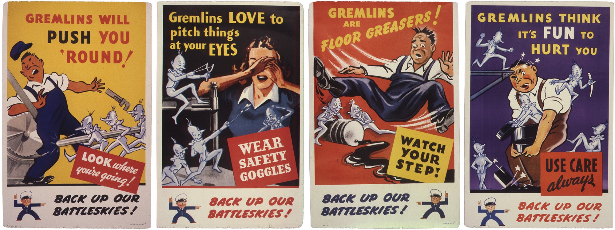 A series of World War II safety posters depicting Gremlins