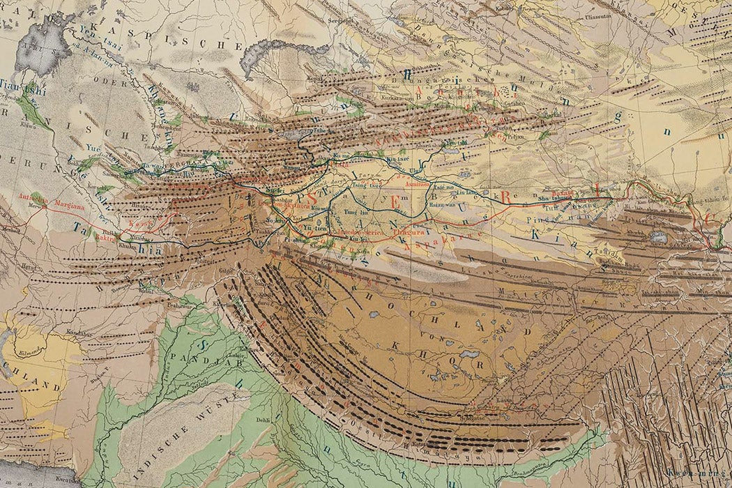 Map of Central Asia with trade routes and movements from 128 BC to 150 AD by F. von Richthofen, 1877