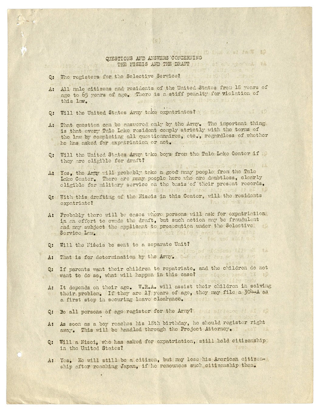 Questions and Answers Concerning the Niseis and the Draft, February 1943. Part of the Guy and Marguerite Cook Nisei Collection from University of the Pacific. Click on the image to read more. 