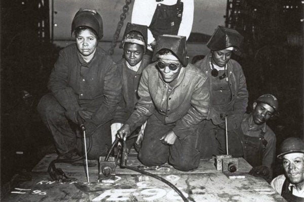 Skilled women workers helped build SS George Washington Carver, Kaiser Shipyards, Richmond, California, 1943