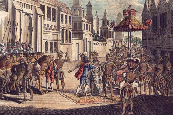 The first meeting between Montezuma II and Hernando Cortez in Mexico City, 1519