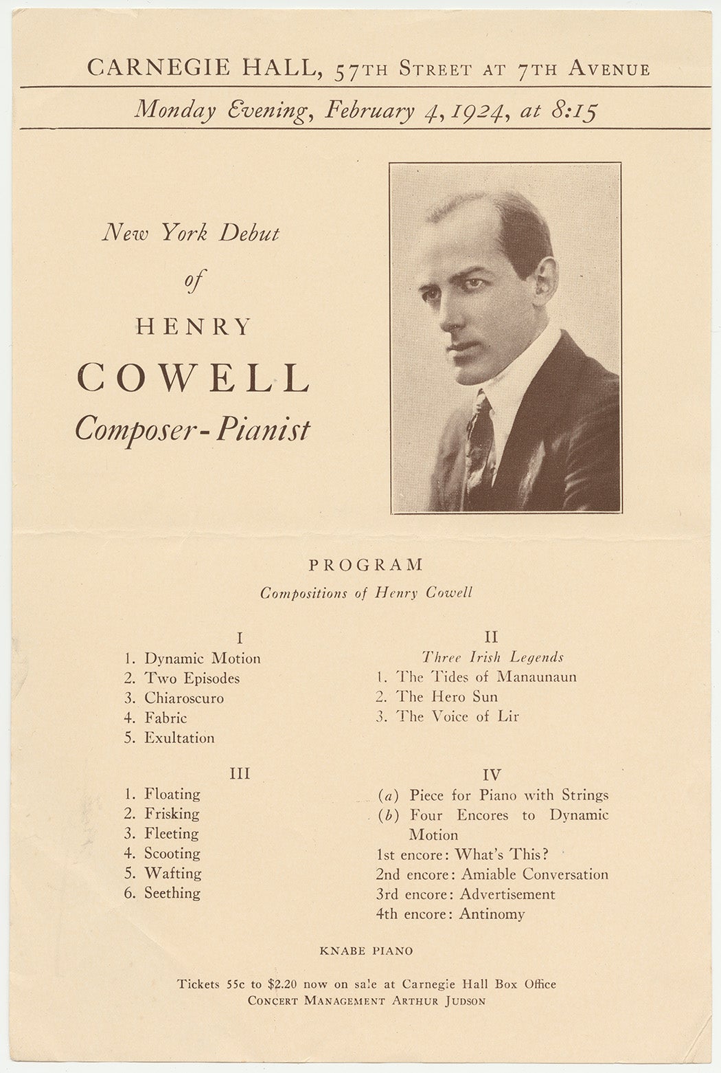 Promotional flier for Henry Cowell's 1924 Carnegie Hall debut