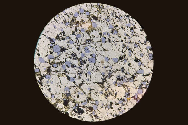 Photomicrograph image of pyrrhotite under a reflected light ore microscope