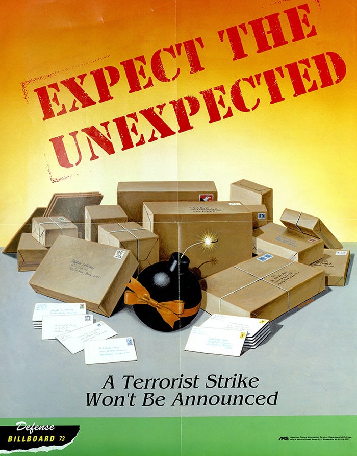 Poster: "Expect the Unexpected; A Terrorist Strike Won't Be Announced" 