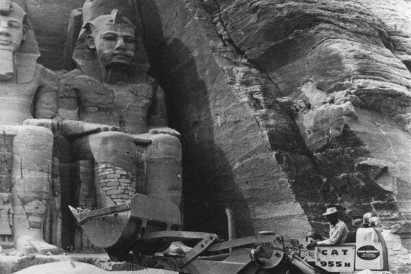 Modern machinery is used in salvaging the Abu Simbel Temple as part of the Aswan Dam Project.