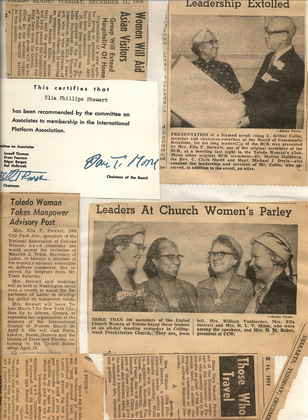 Various newspaper clippings related to Ella P. Stewart.