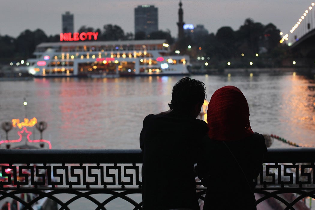 A couple gazes over the Nile River on Valentine's Day, February 14, 2011 in Cairo, Egypt.