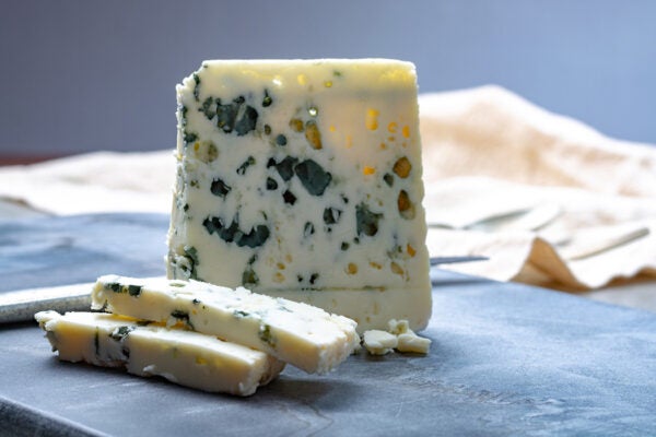 Piece of Roquefort cheese, made from sheep milk in the caves of Roquefort-sur-Soulzon