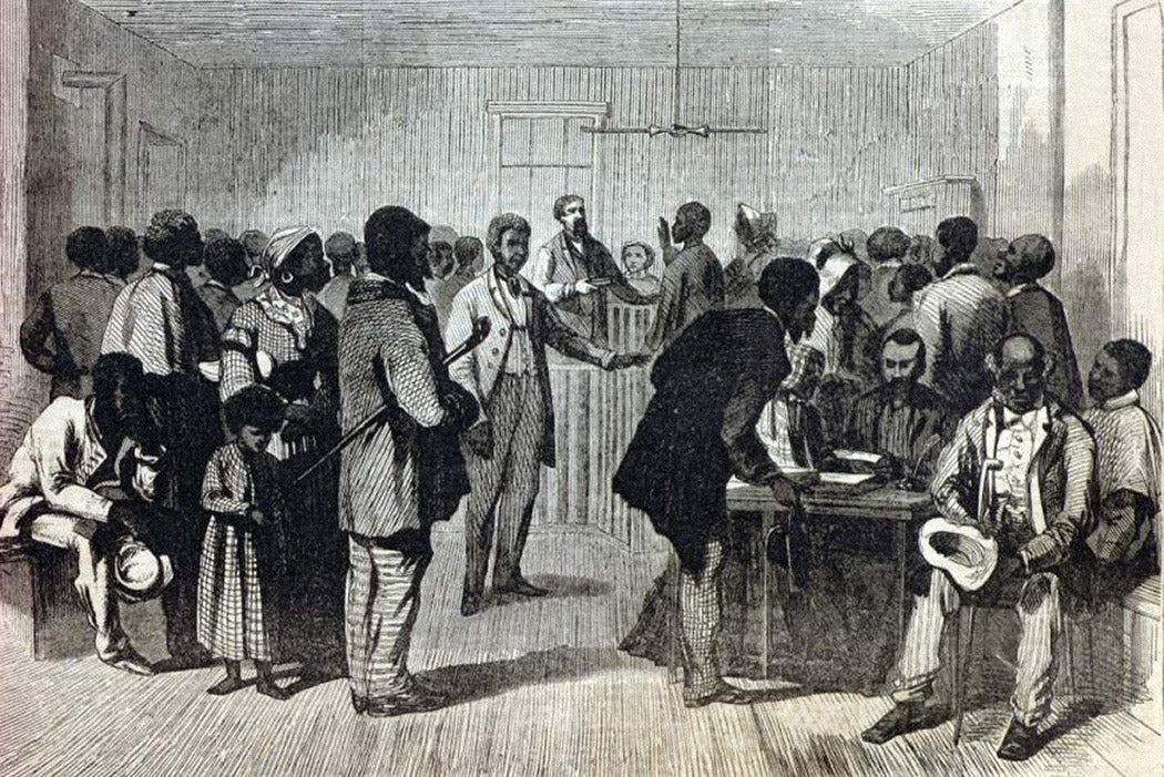 Court in session, Freedmen's Bureau offices, Richmond, Virginia, summer 1866