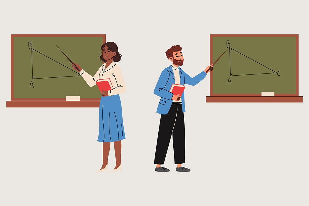 Set of school teachers stand at the blackboard and explains the material. Hand drawn illustration.
