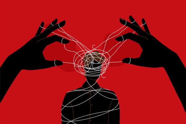 Gaslighting illustration concept with two hands with tangled string over someone's head
