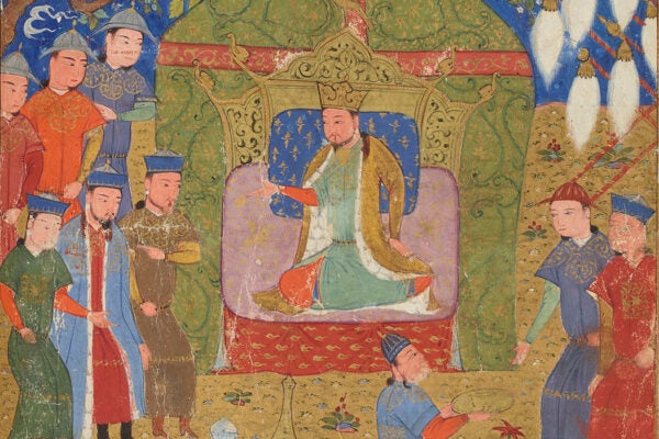 Temüjin being proclaimed as Genghis Khan in 1206, as illustrated in a 15th-century Jami' al-tawarikh manuscript.