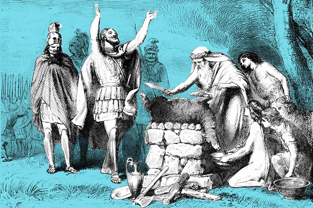 Pausanias sacrifices a lamb to Greek and Roman pagan gods before fighting in the battle of Plataea