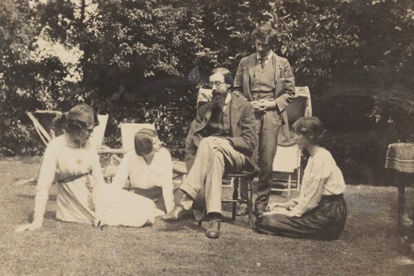 Left to right: Lady Ottoline Morrell, Mrs. Aldous Huxley, Lytton Strachey, Duncan Grant, and Vanessa Bell, July 1915