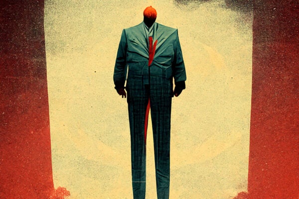 Abstract illustration of faceless man in dark suit.