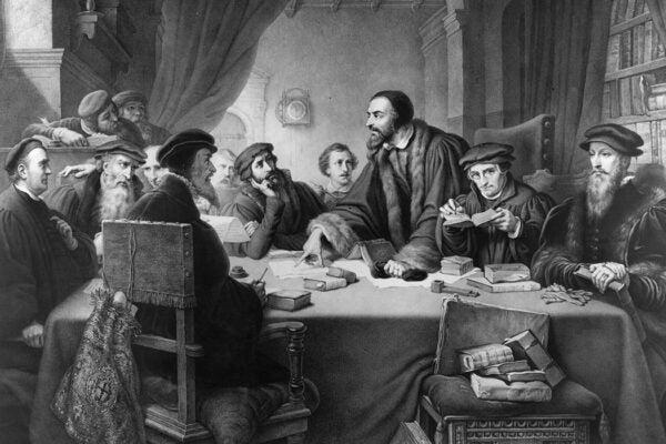 Calvin presiding over a colloquium in Geneva, 1549.