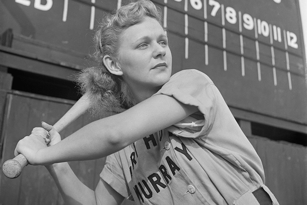Audrey Erickson, a member of the Arthur Murray Girls, a professional women's baseball team, USA, 1953.