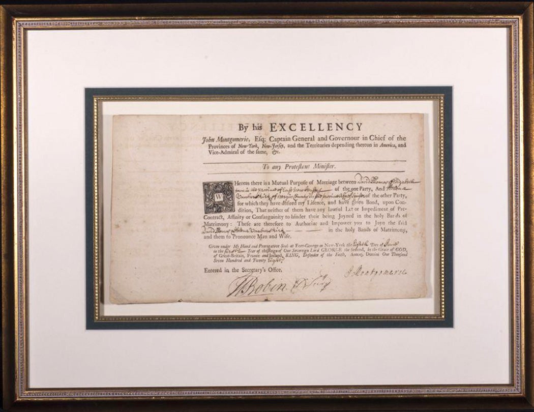 Marriage document dated June 8, 1728 and signed by John Montgomerie Esq., Captain General and Governour in Chief of the Provinces of New York, New Jersey and the Territories depending thereon in America "To any Protestant Minister"