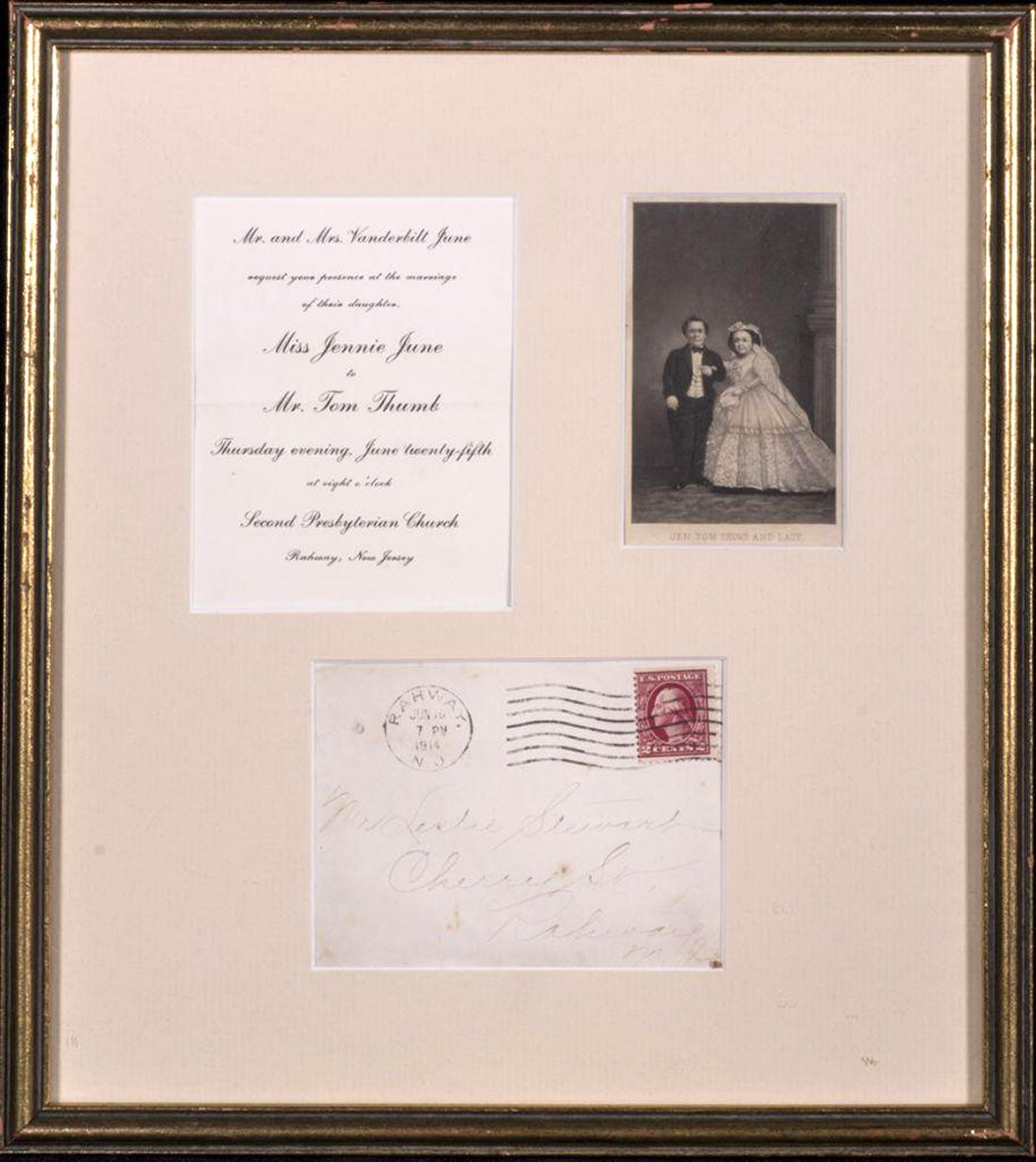 "Tom Thumb and Miss Jennie June" wedding invitation with mailing envelope and CDV photograph of Charles Stratton and Lavinia Warren. Tom Thumb weddings were a 19th and 20th century practice involving a faux-marriage between two children. This invitation is to a ceremony by the Vanderbilt family in Rahway, New Jersey.