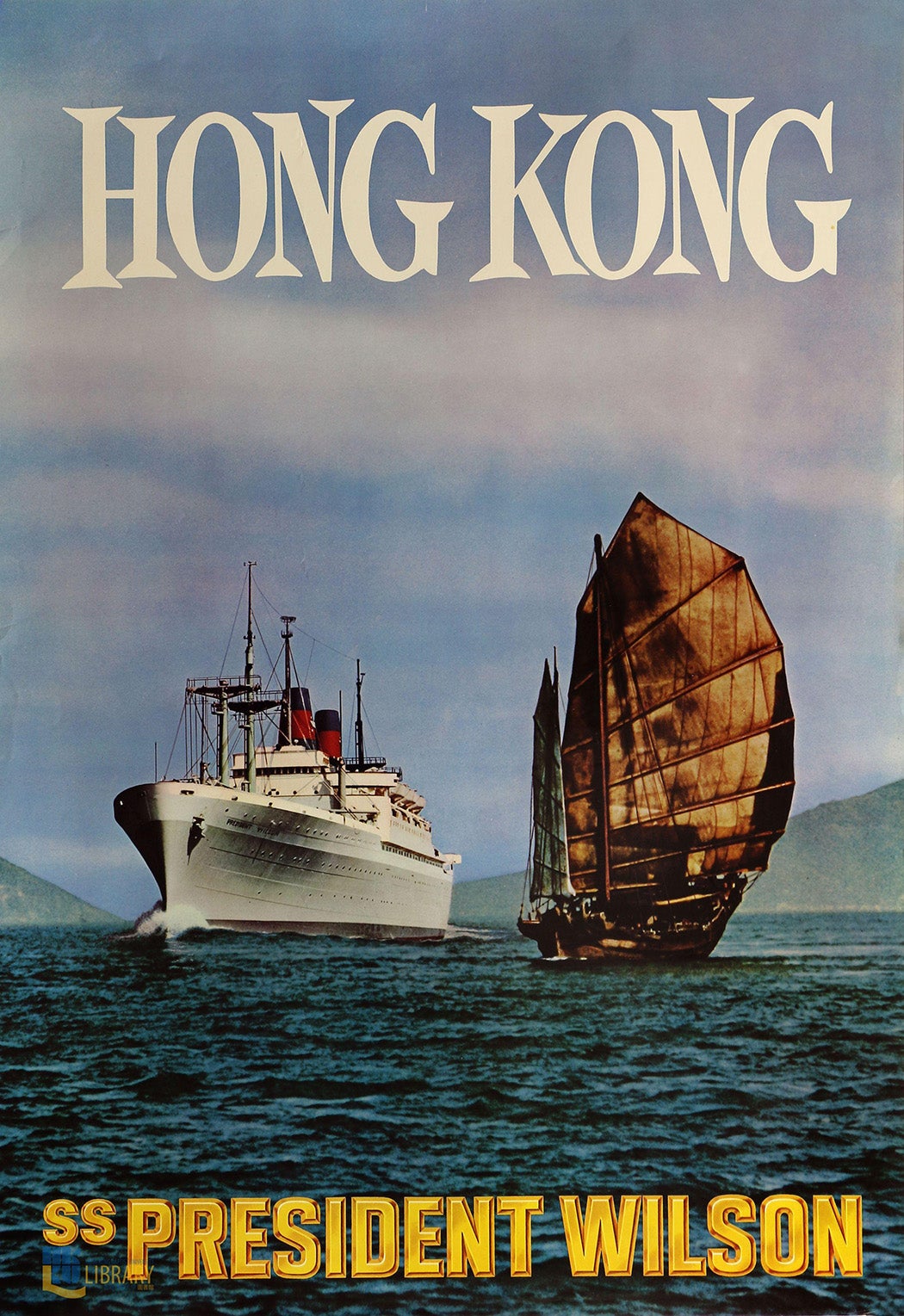 Emphasising the nautical theme in this poster allows APL to show their ship steaming into Hong Kong past a Chinese sailing junk, juxtaposing not just East and West but also modernity and tradition. The President Wilson was in service from 1948 until 1973 and was one of the mainstays of APL's Trans-Pacific passenger service.