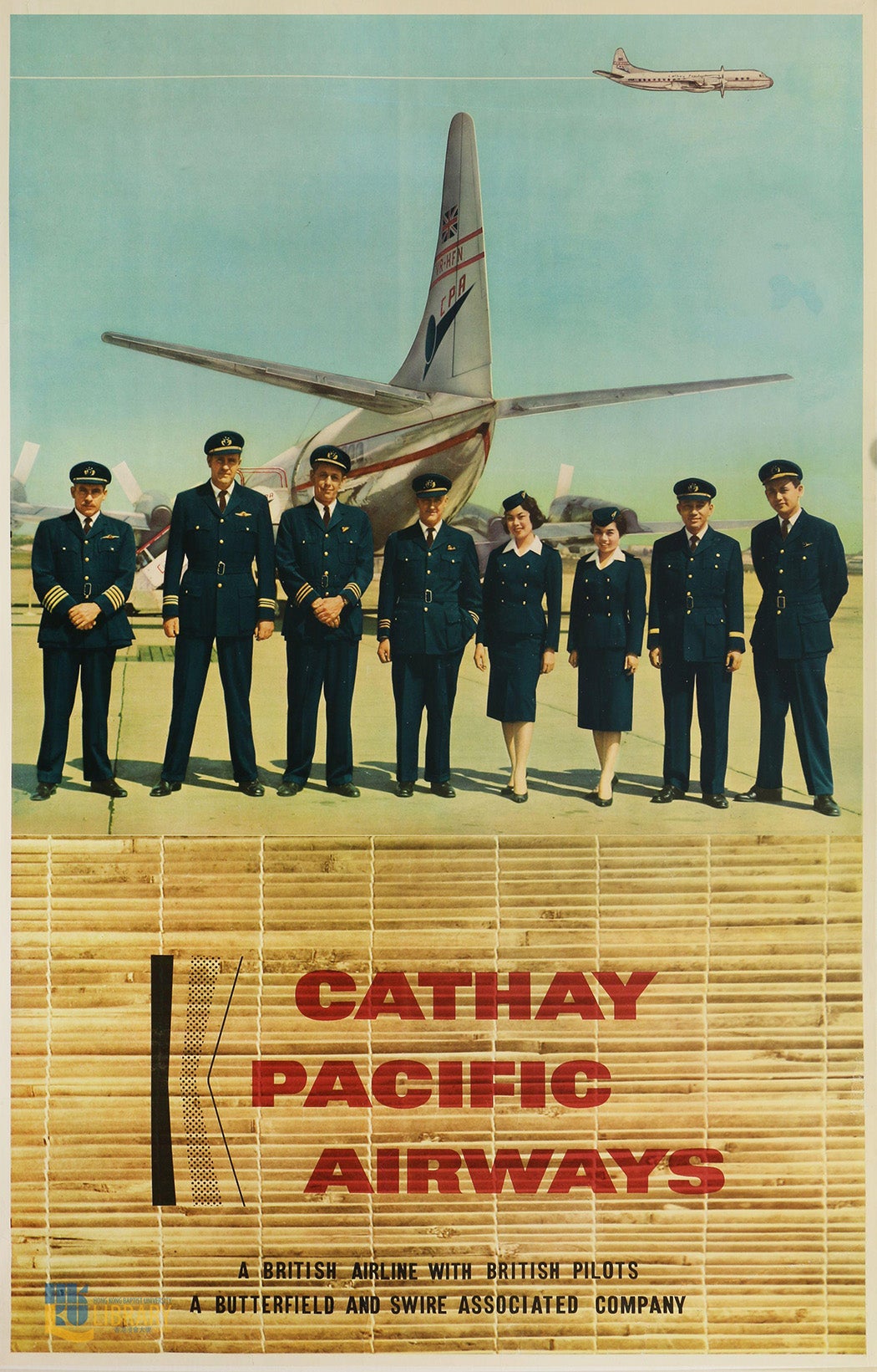 The poster shows a group of pilots and stewardess in uniform standing in front of a plane VR-HFN.