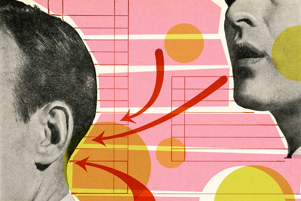 Man Talking to Back of Another Man's Head to illustrate gossip