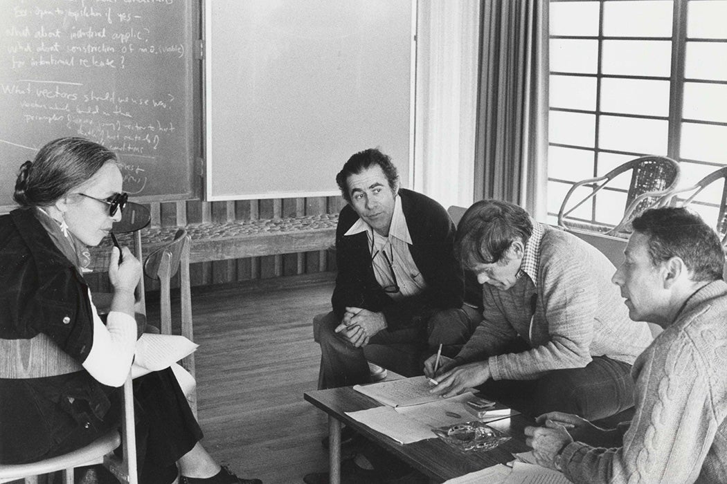 Maxine Singer, Norton Zindler, Sydney Brenner and Paul Berg at the Asilomar Conference, February 1975