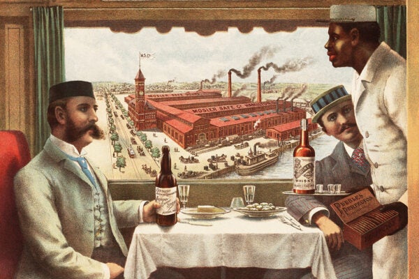 Color lithograph advertisement showing the interior of a Pullman dining-car, 1894