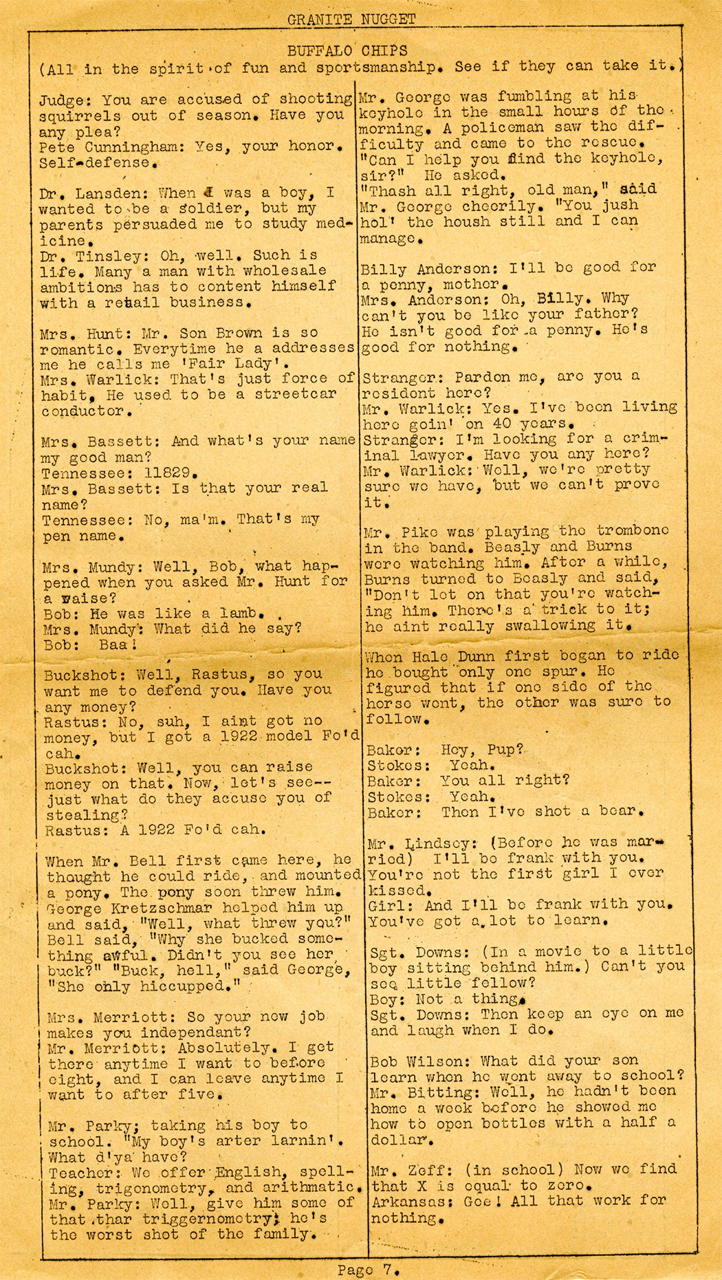 From Volume 1, Issue 1 of Granite Nugget, published in 1937.