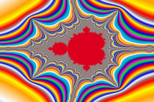 Digital visualization of a colourful fractal called a Mandelbrot set.