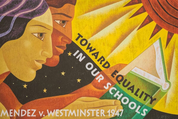 Illustration from a poster of the first issue stamp celebrating the Mendez v. Westminster School District case