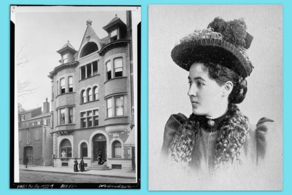 Minerva Parker Nichols beside the New Century Club building she designed in Philadelphia