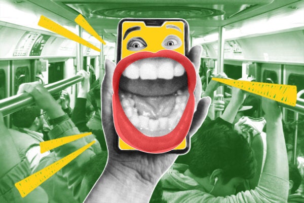 Halftone collage with hand holding phone with screaming mouth on display in front of a crowded subway car