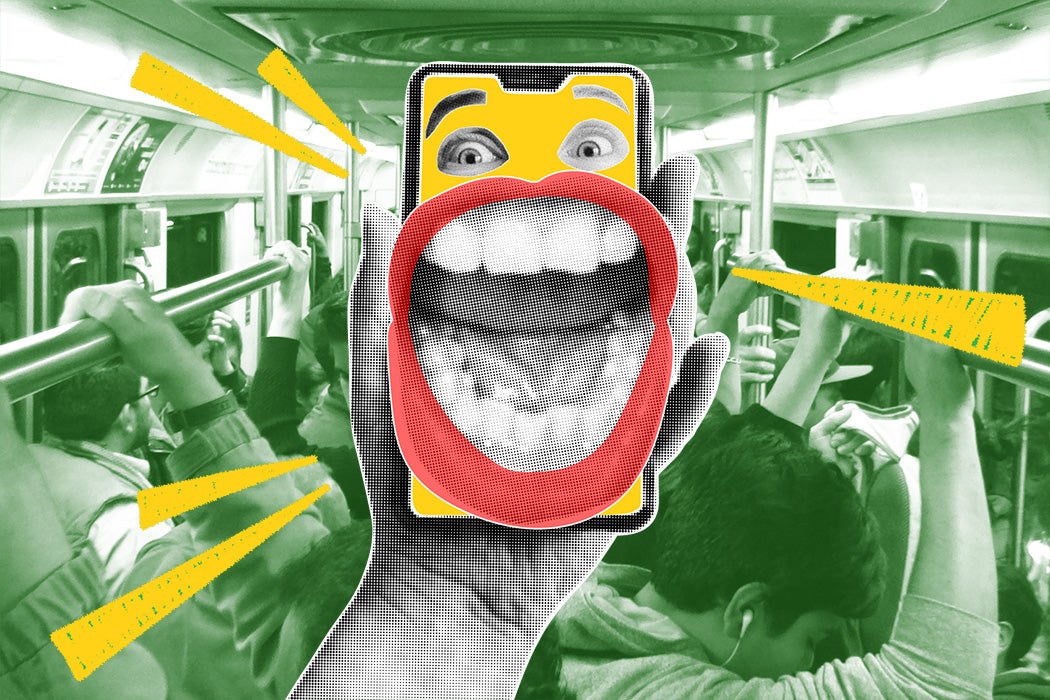Halftone collage with hand holding phone with screaming mouth on display in front of a crowded subway car
