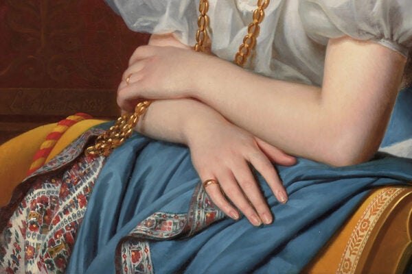 Portrait of a young woman leaning on a meridienne by Louise Hersent, 1828