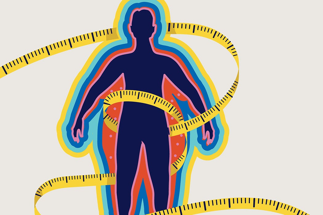 An illustration of a silhouette of obese person losing weight with measuring tape