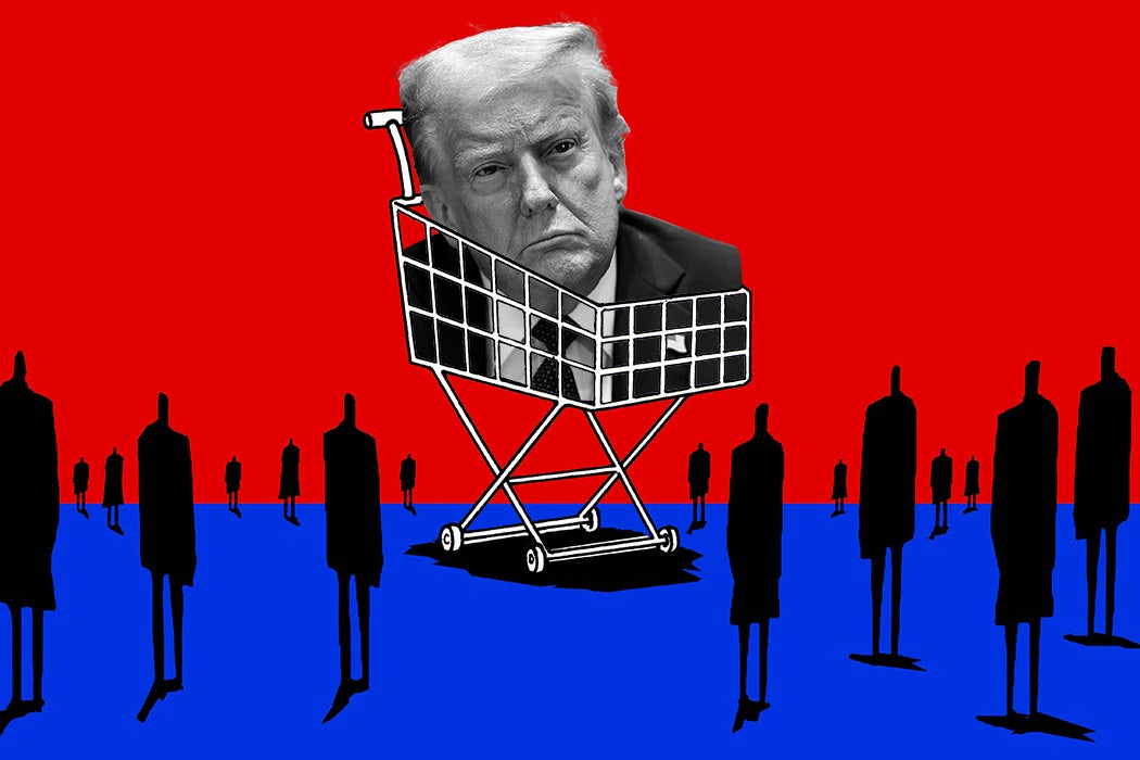 People standing around a shopping cart with Trump's head inside