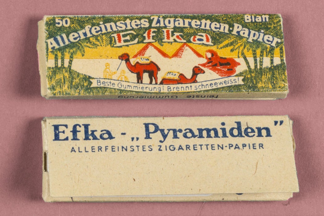 Efka Pyramiden cigarette papers in a colorful packet with camels and pyramids made in Nazi Germany.
