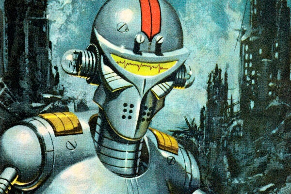 An illustration of a robot among city ruins