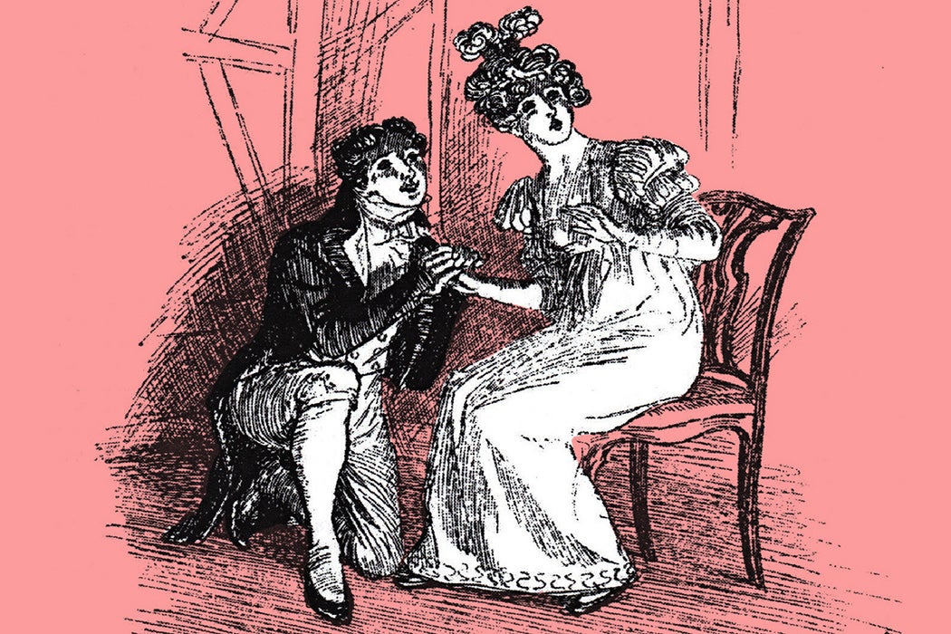 An illustration from Mansfield Park depicting Maria Bertram and Henry Crawford rehearsing Lovers' Vows