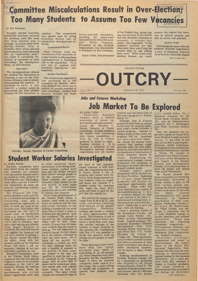 A September 1973 issue of the Goucher College Outcry 