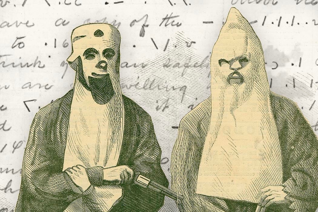 Two Members Of The Ku-Klux Klan in front of a cipher
