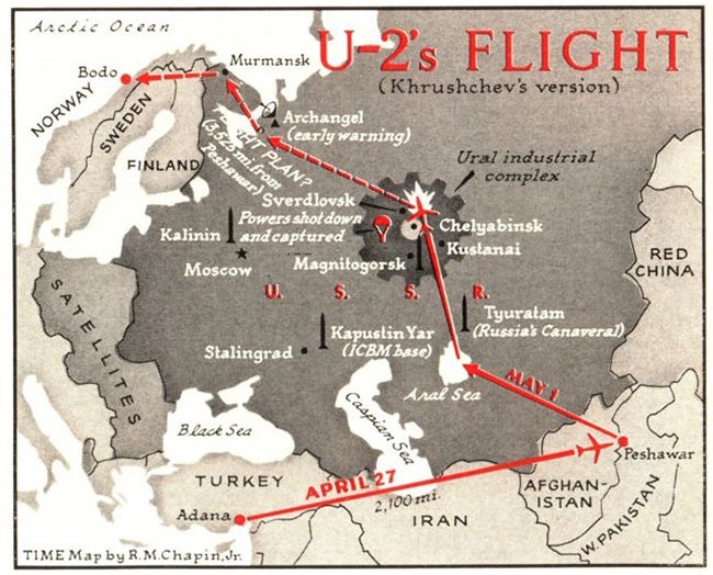Route taken by the U-2 spy plane shot down by the Soviet Union in 1960.