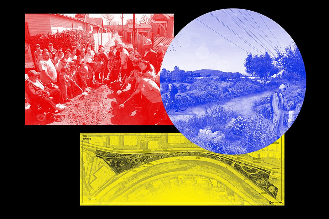 A series of images in color block colors, including a map, a photo of a group of people digging, and an architectural mockup of a park landscape