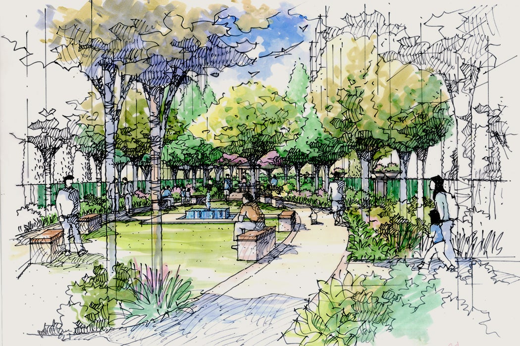 Landscape garden showing the foot path, lawn area, benches, water feature and pavilion on background. This sketch created, drawn in pen and marker.