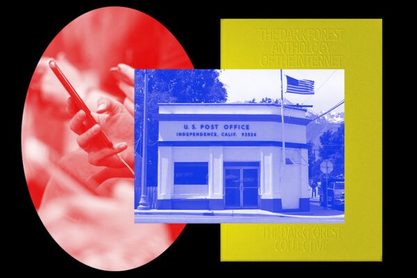 An illustration showing a post office building, a hand holding a smartphone, and a cover of the book "The Dark Forest Anthology."