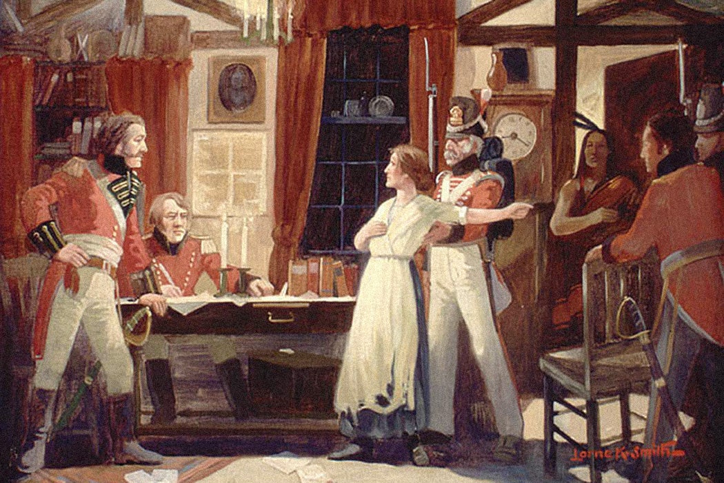 Laura Secord warning Lieutenant James Fitzgibbon of an impending American attack, June 1813.