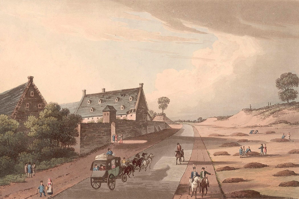 circa 1815: La Haye Sainte on the Charleroi-Brussels road, near the site of the Battle of Waterloo, during the Napoleonic Wars.